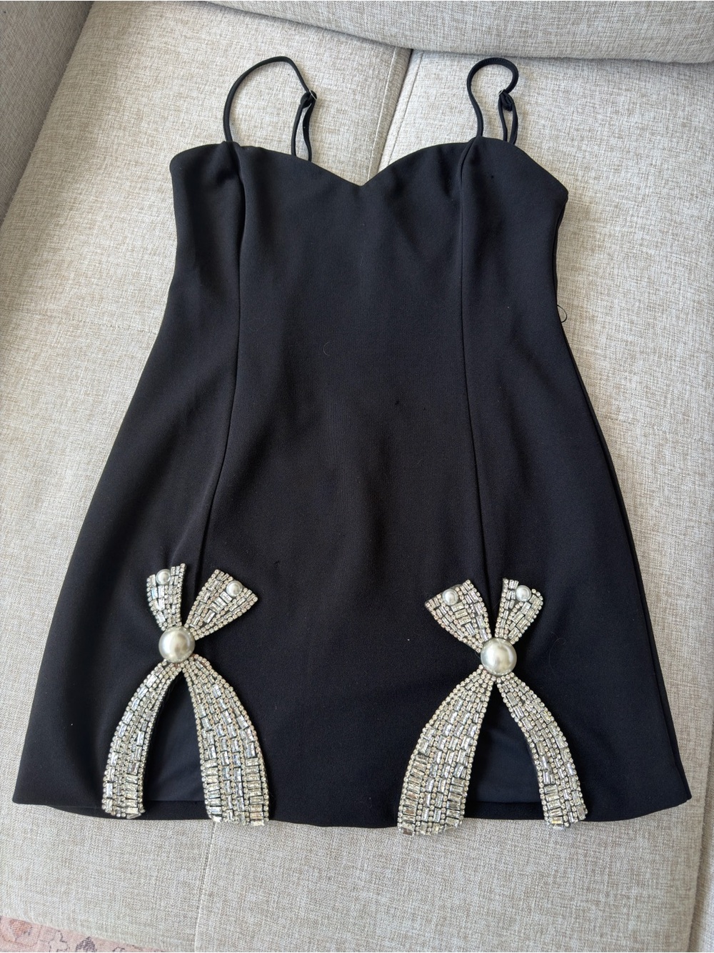 Black Mini Dress with Pearl & Rhinestone Bows